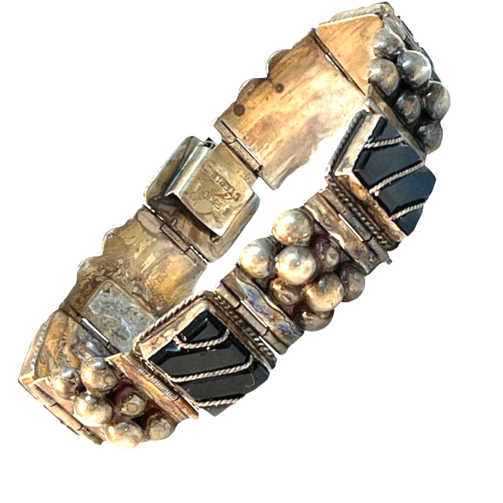 Vintage Sterling Mexico Black Onyx Chunky Bracelet Native